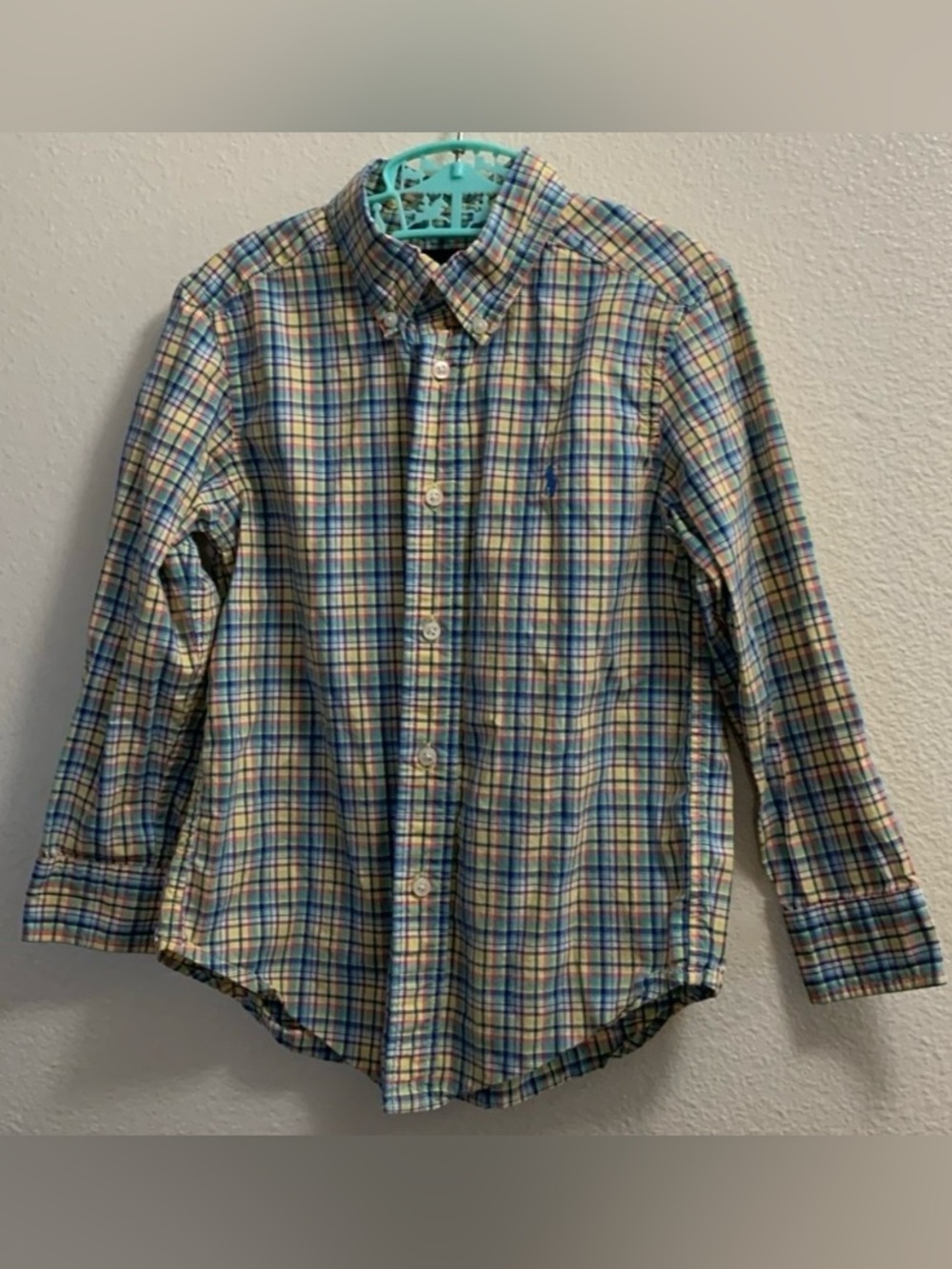 Ralph Lauren Plaid Button Down Easter Shirt Blue Yellow Orange Size 4/4T Cotton